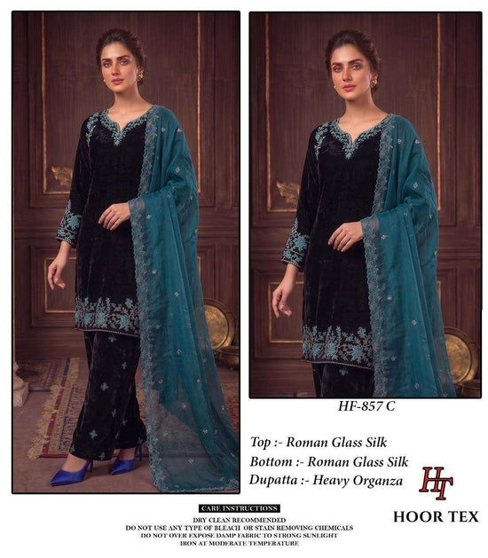 HOOR TEX HF-857 Roman Silk Embroidered Full Stitched Pakistani Suit Set Wholesale Surat