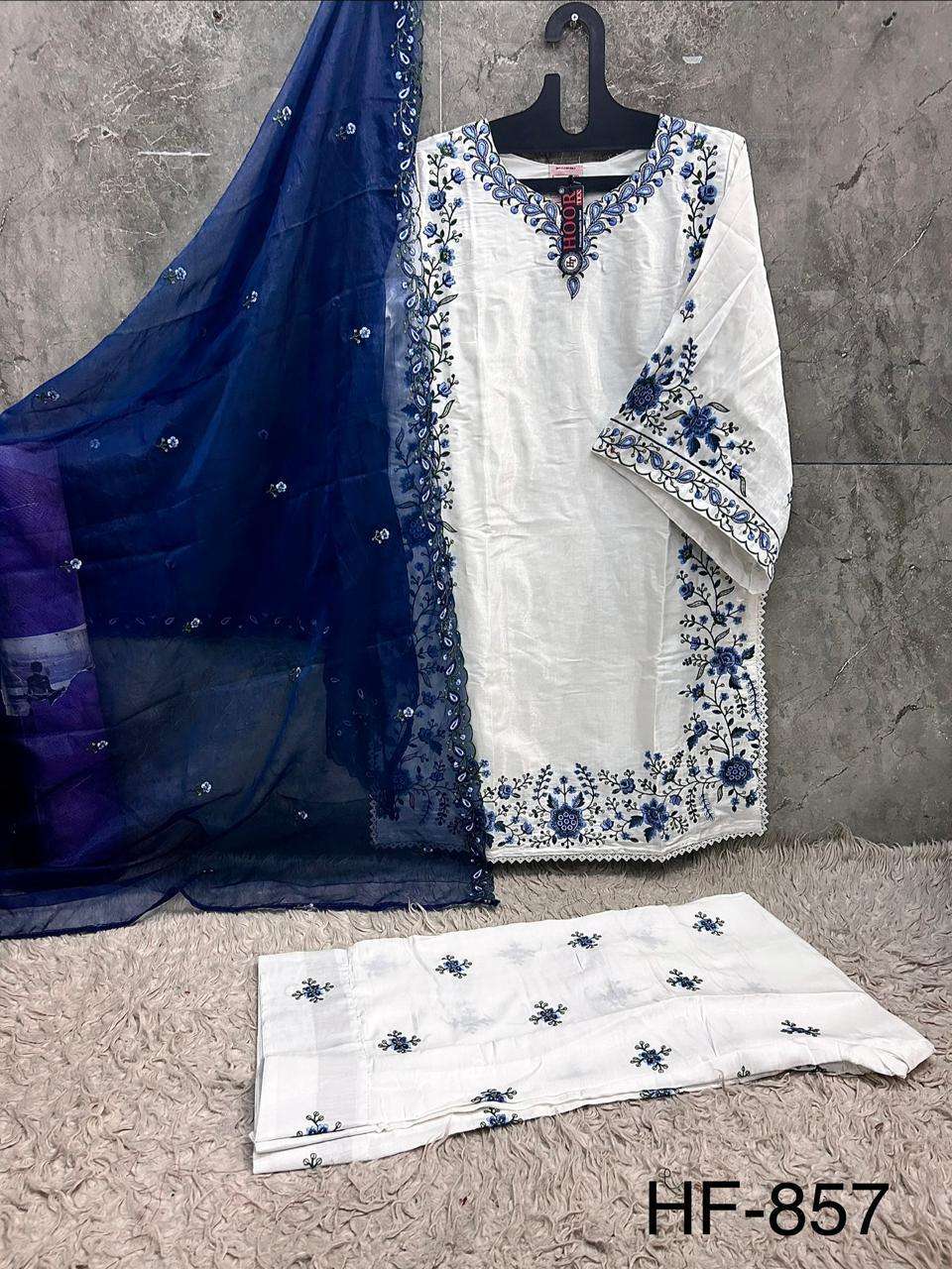 HOOR TEX HF-857 Roman Silk Embroidered Full Stitched Pakistani Suit Set Wholesale Surat