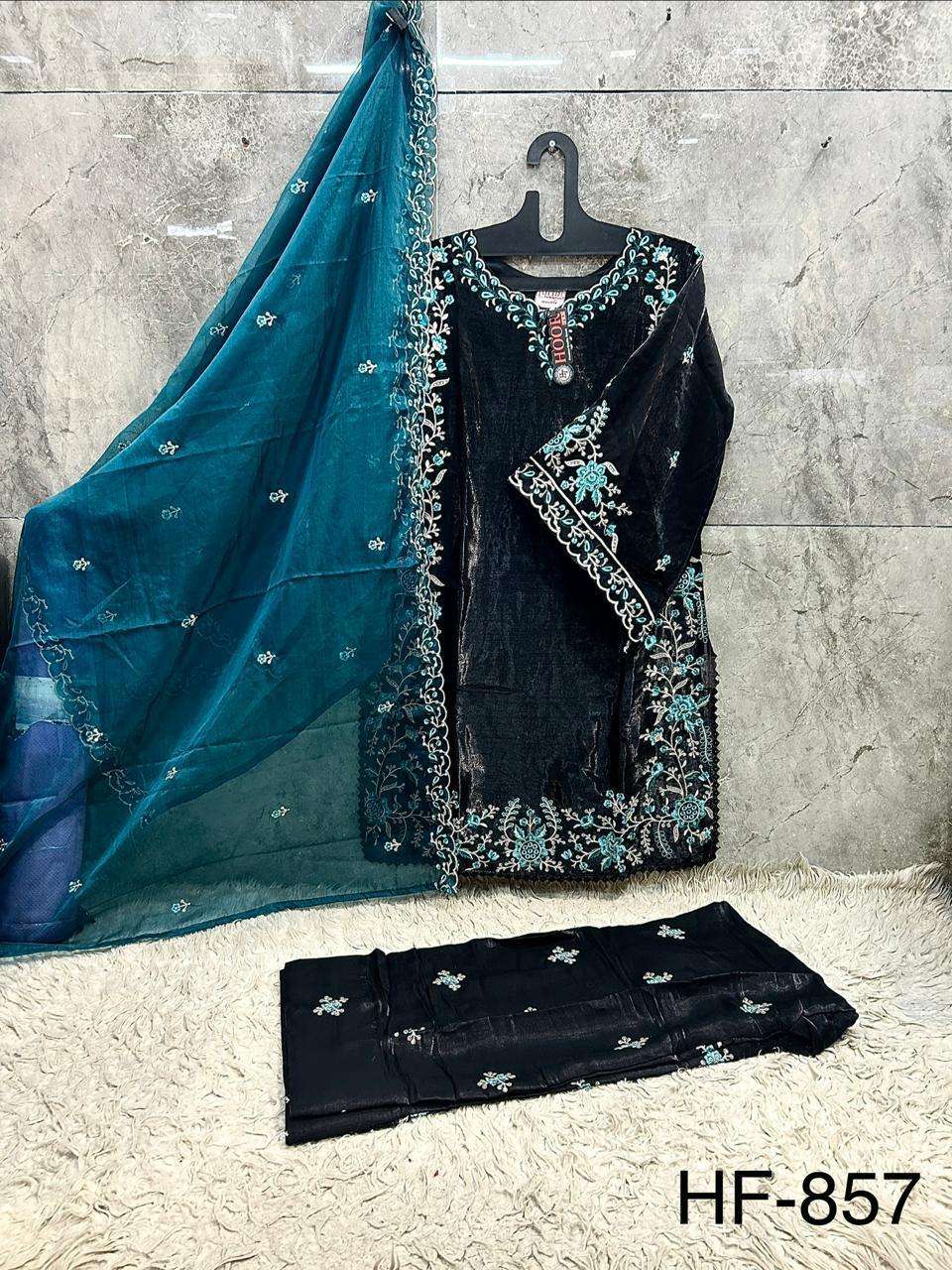 HOOR TEX HF-857 Roman Silk Embroidered Full Stitched Pakistani Suit Set Wholesale Surat