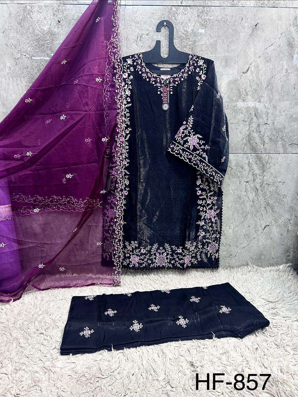 HOOR TEX HF-857 Roman Silk Embroidered Full Stitched Pakistani Suit Set Wholesale Surat