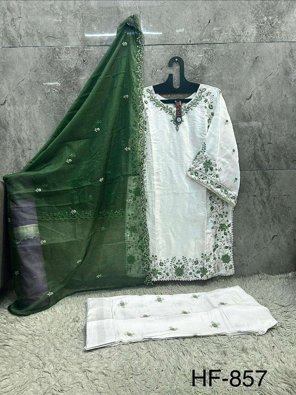 HOOR TEX HF-857 Roman Silk Embroidered Full Stitched Pakistani Suit Set Wholesale Surat