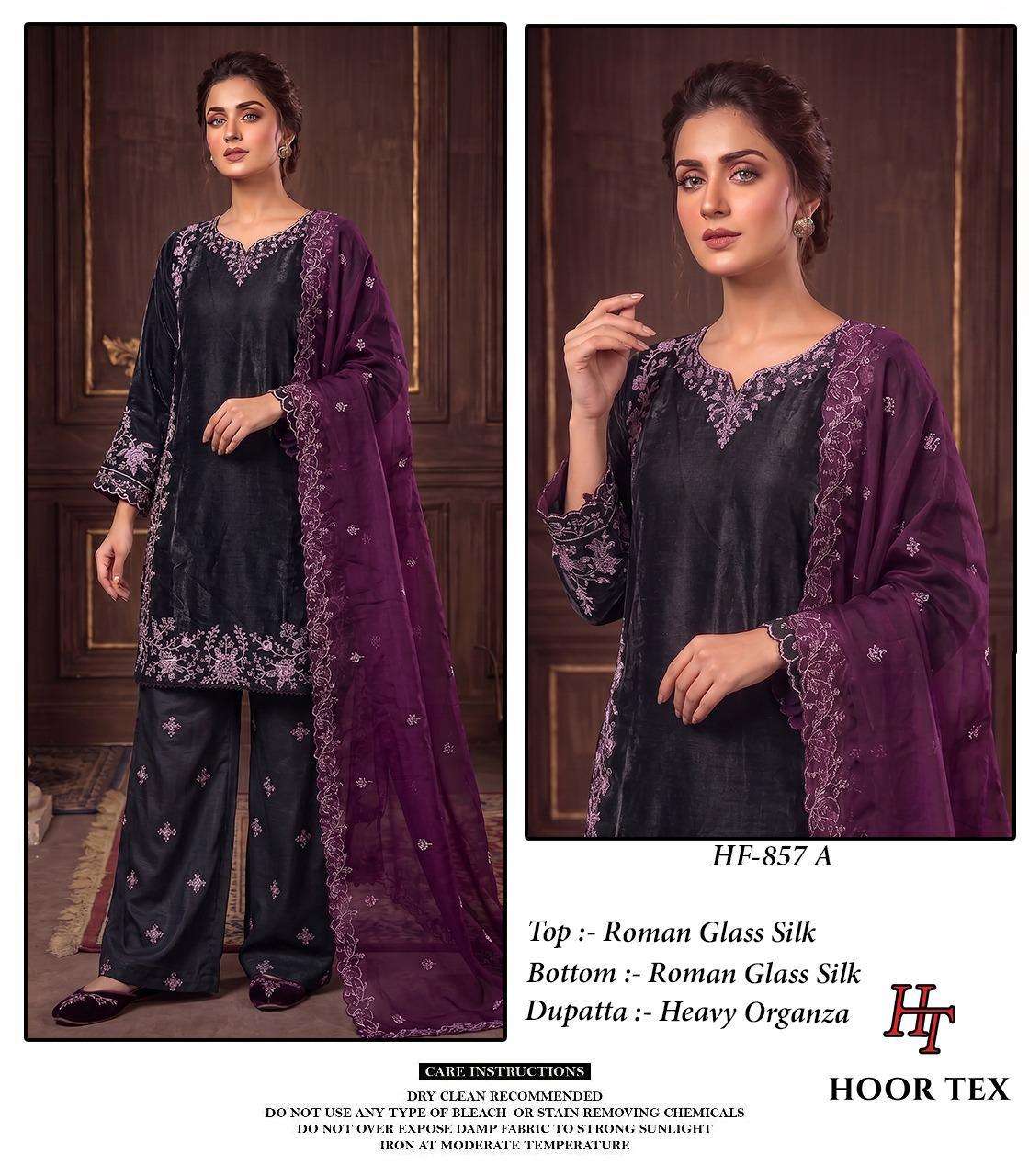 HOOR TEX HF-857 Roman Silk Embroidered Full Stitched Pakistani Suit Set Wholesale Surat