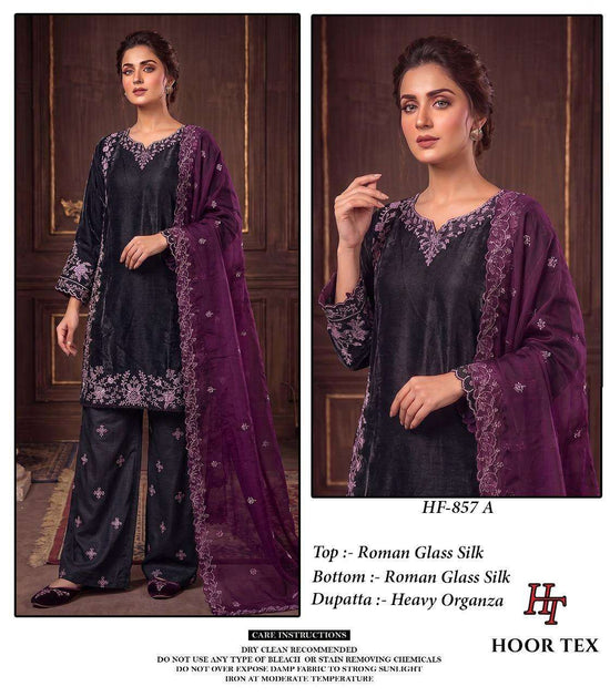 HOOR TEX HF-857 Roman Silk Embroidered Full Stitched Pakistani Suit Set Wholesale Surat