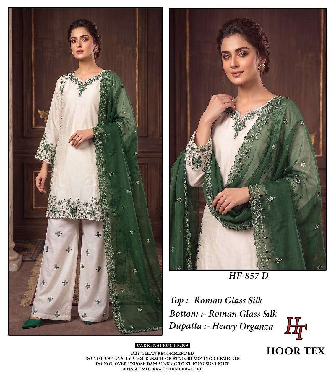HOOR TEX HF-857 Roman Silk Embroidered Full Stitched Pakistani Suit Set Wholesale Surat