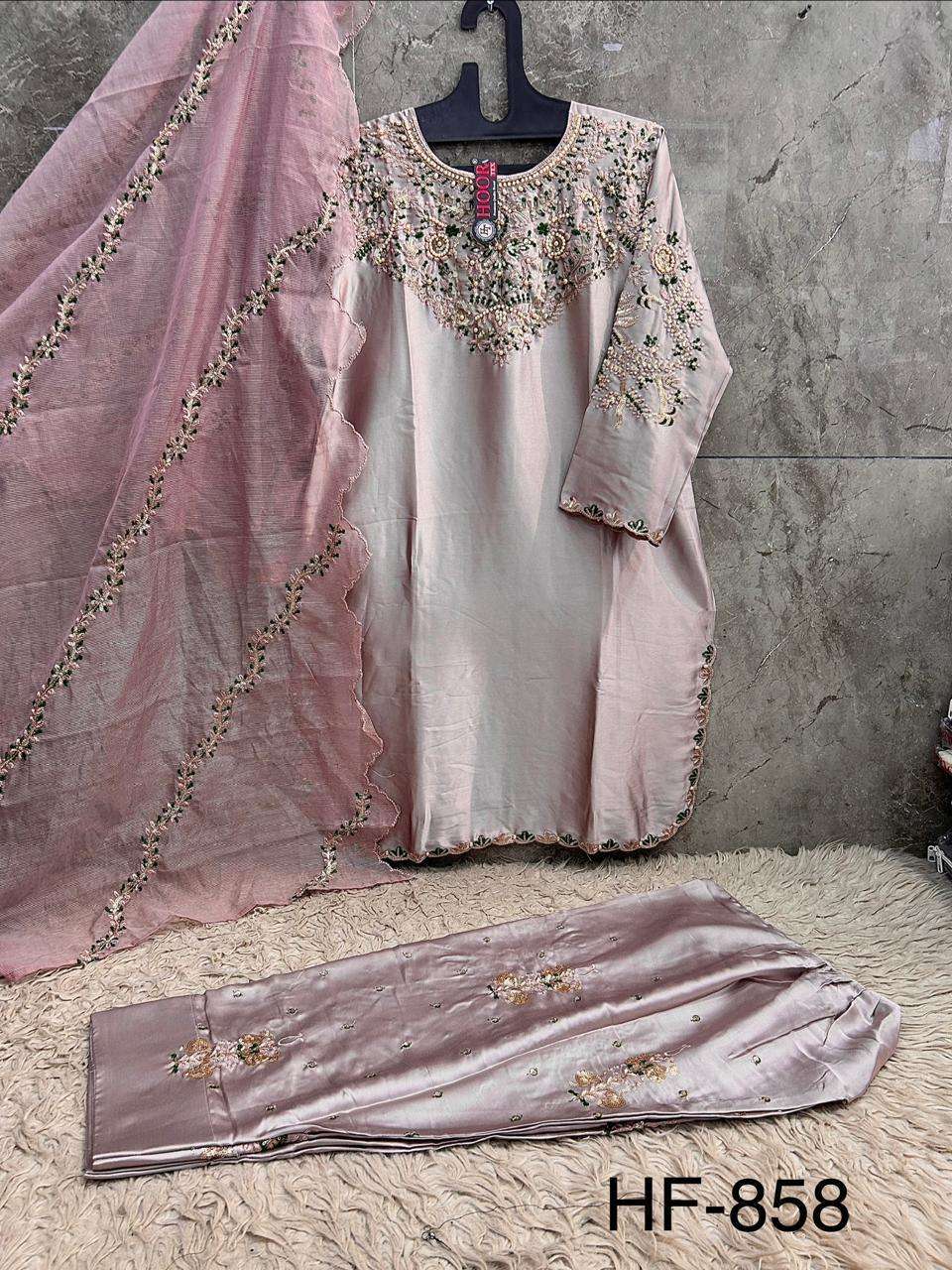 Hoor Tex HF-858 Malai Satin Embroidered Pakistani Suit Set