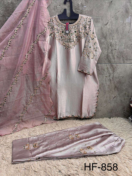 Hoor Tex HF-858 Malai Satin Embroidered Pakistani Suit Set