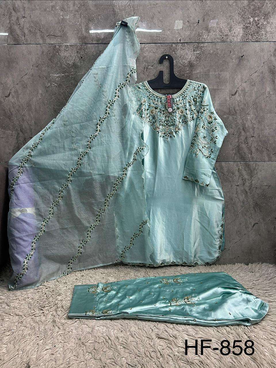 Hoor Tex HF-858 Malai Satin Embroidered Pakistani Suit Set