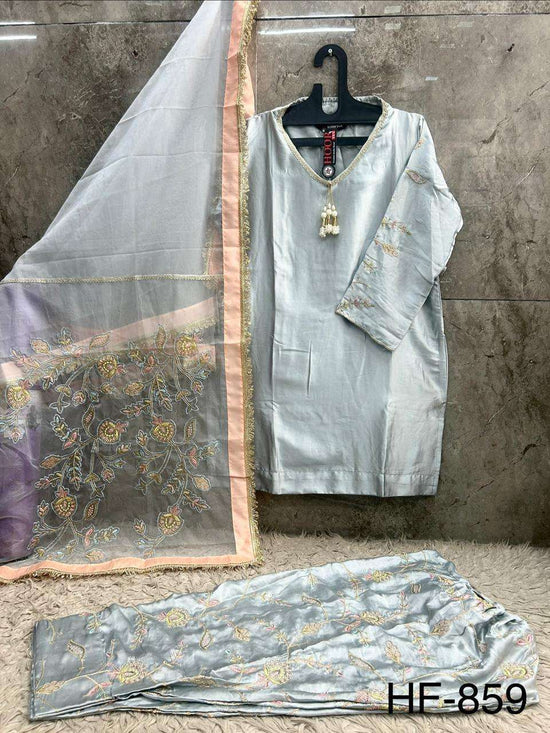Hoor Tex HF-859 Malai Satin Embroidered Stitched Pakistani Suit Set - Amrah Wholesale
