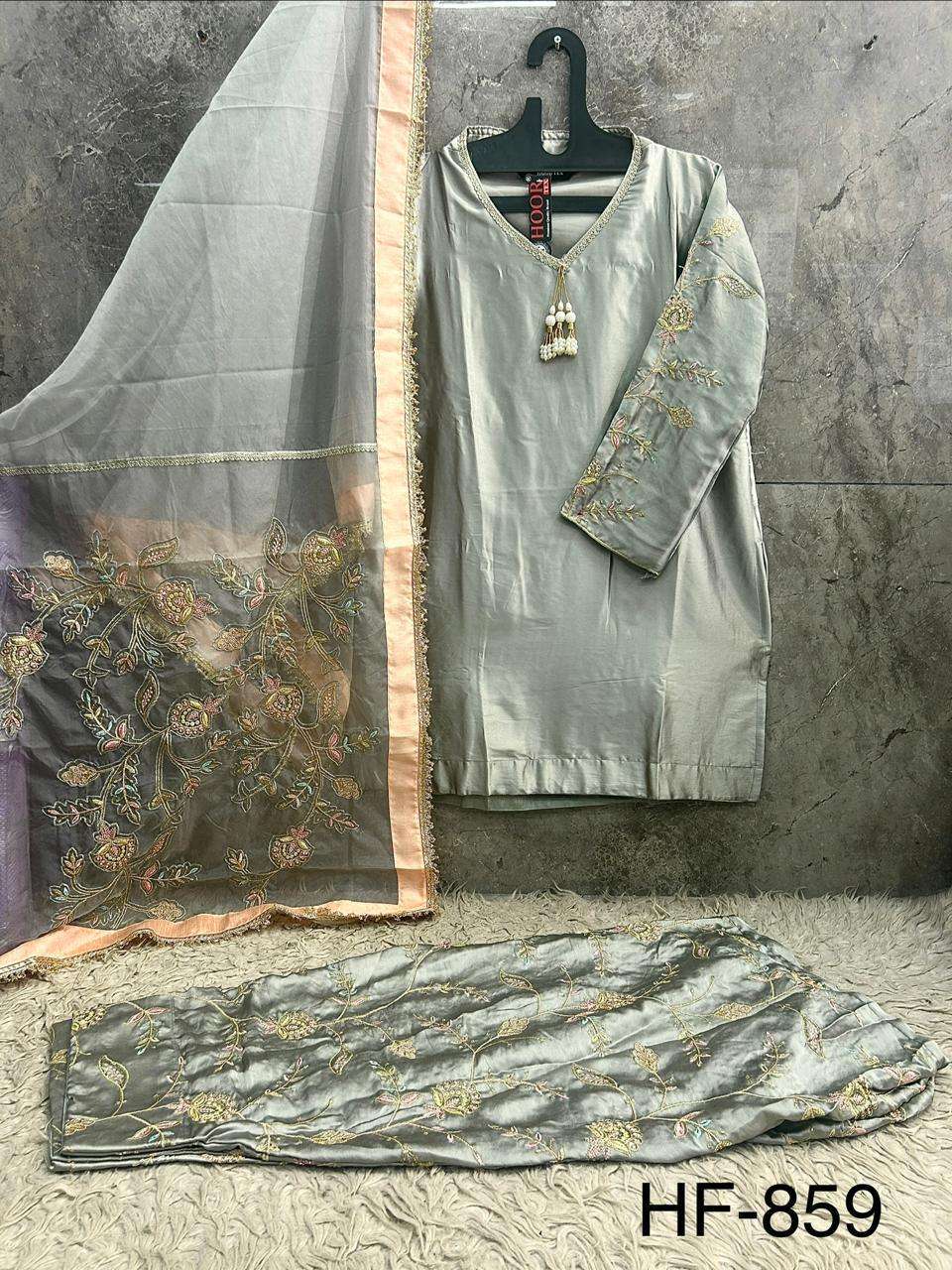 Hoor Tex HF-859 Malai Satin Embroidered Stitched Pakistani Suit Set - Amrah Wholesale