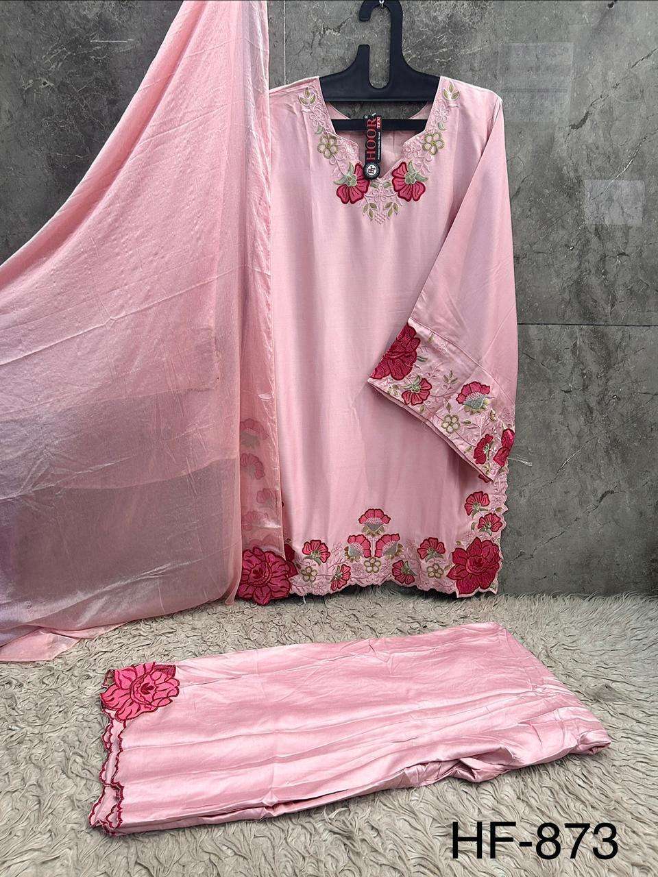 Hoor Tex HF-873 Rayon Satin Embroidered Stitched Pakistani Suit Set - Amrah Wholesale