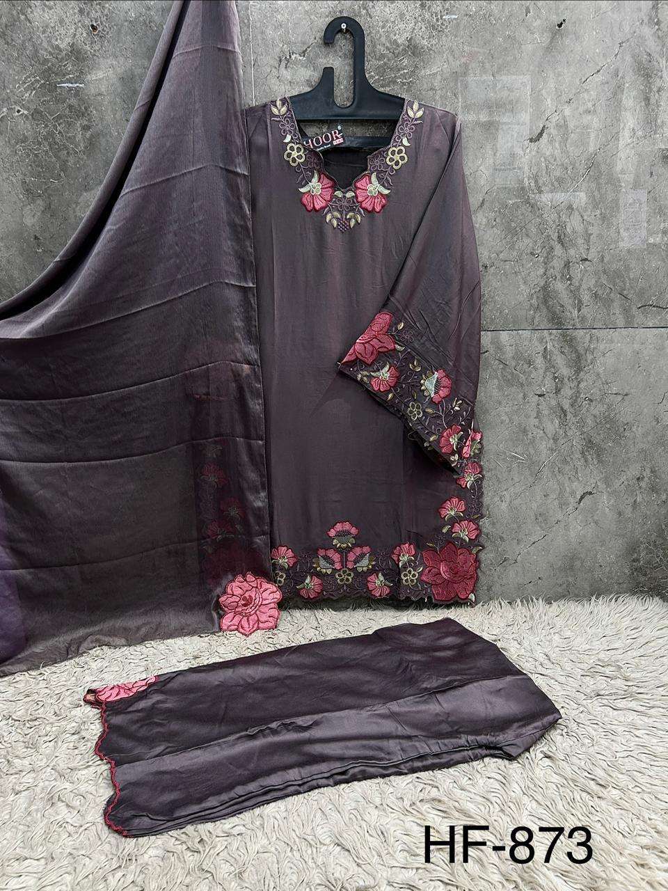 Hoor Tex HF-873 Rayon Satin Embroidered Stitched Pakistani Suit Set - Amrah Wholesale