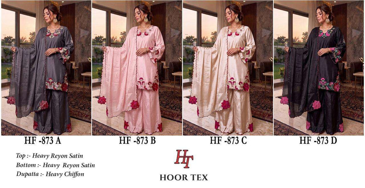Hoor Tex HF-873 Rayon Satin Embroidered Stitched Pakistani Suit Set - Amrah Wholesale