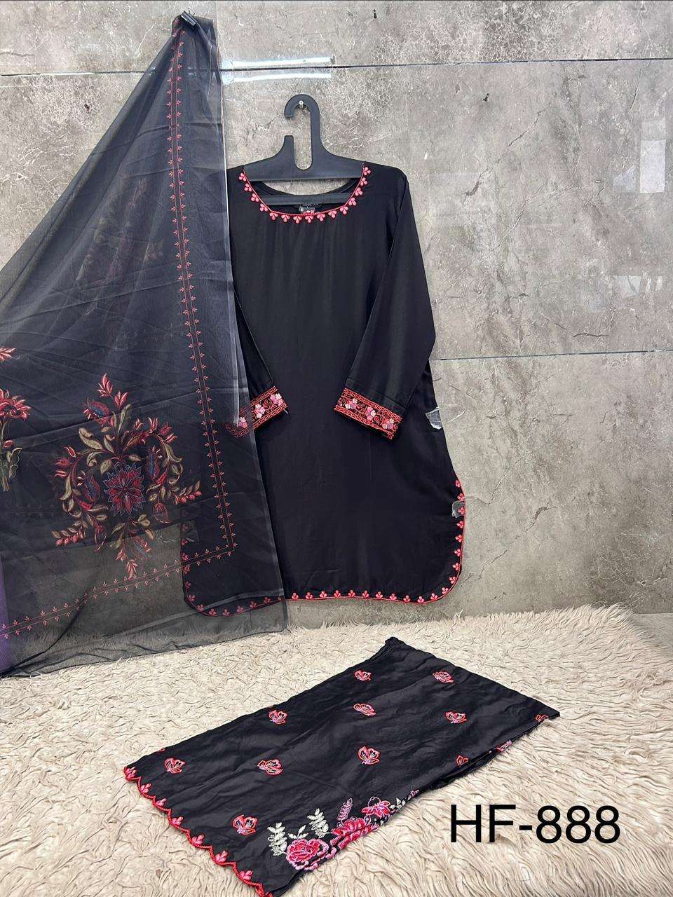 HOOR TEX HF-888 Rayon Satin Embroidered Pakistani Suit Set - Amrah Wholesale