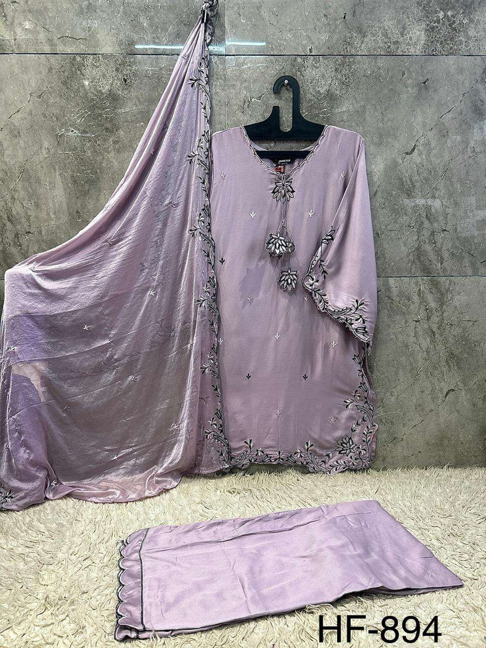 HOOR TEX HF-894 Rayon Satin Embroidered Stitched Salwar Suit Set Wholesale