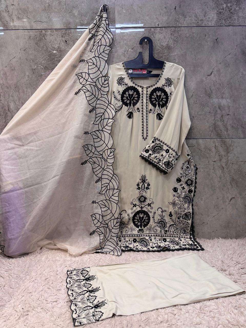 HOOR TEX HF-950 Rayon Satin Embroidered Pakistani Suit Set