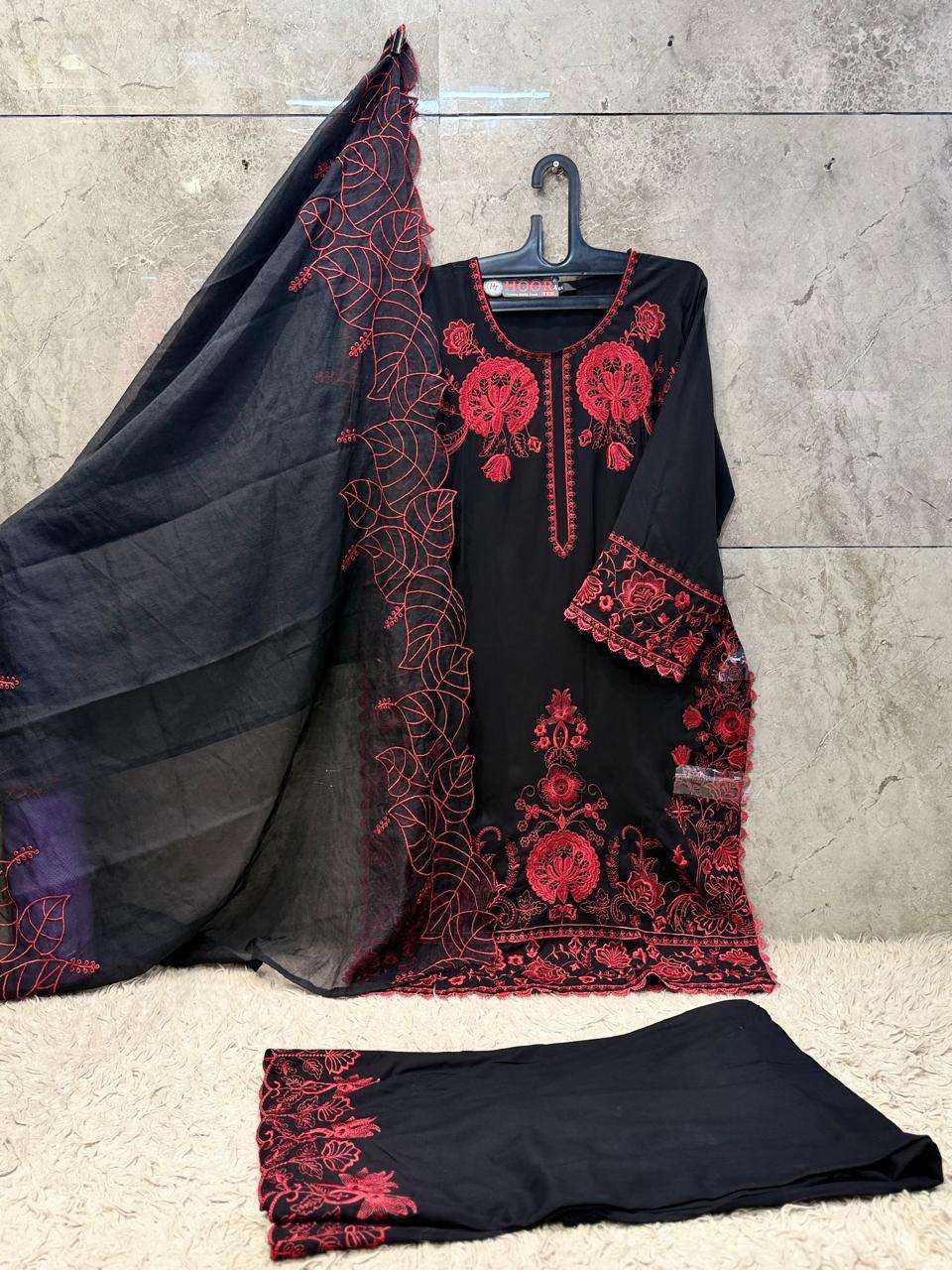 HOOR TEX HF-950 Rayon Satin Embroidered Pakistani Suit Set
