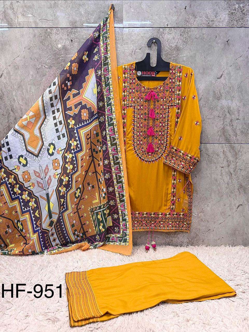 HOOR TEX HF-951 Rayon Satin Embroidered Sharara Suit Set - Amrah Wholesale
