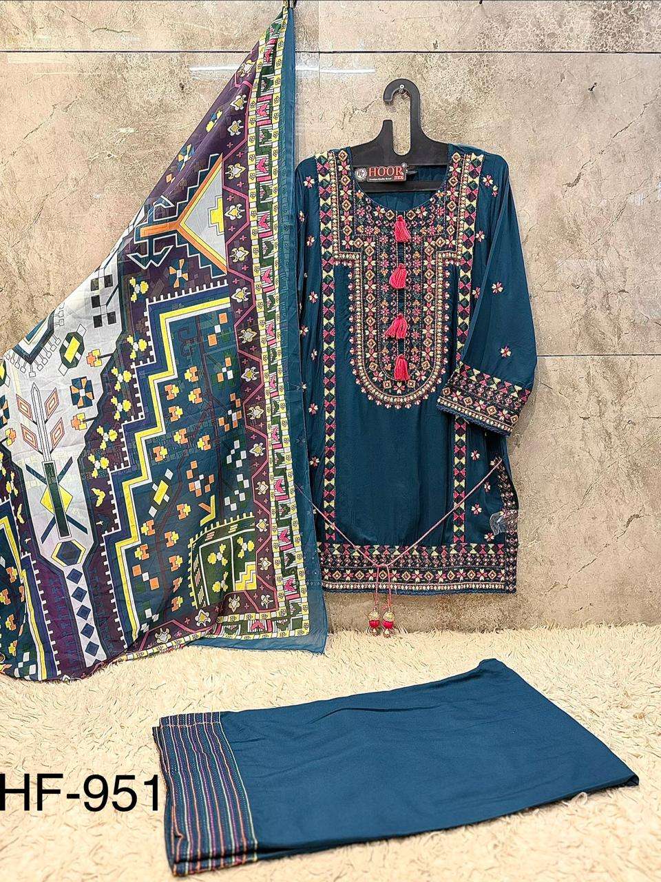 HOOR TEX HF-951 Rayon Satin Embroidered Sharara Suit Set - Amrah Wholesale