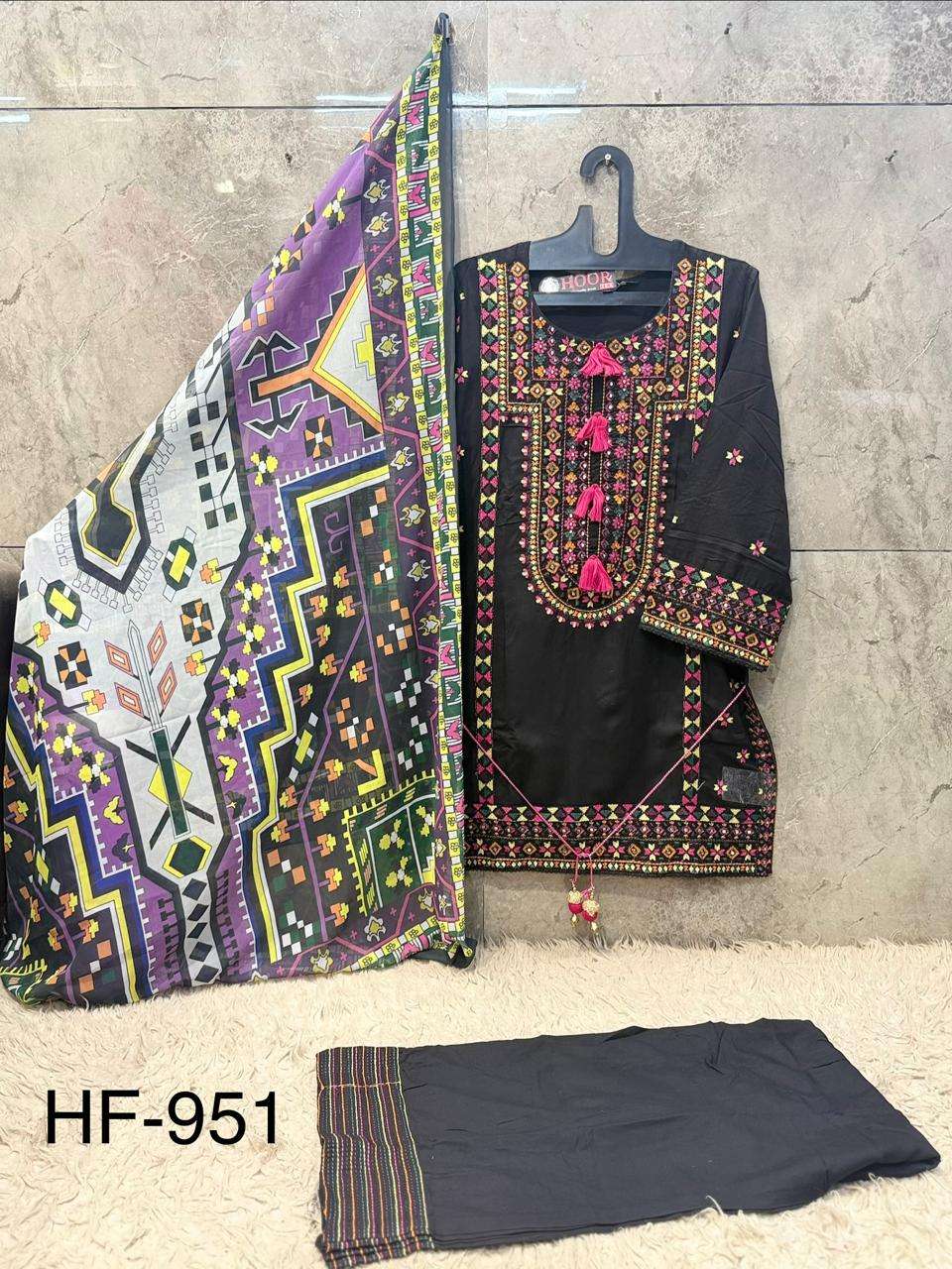 HOOR TEX HF-951 Rayon Satin Embroidered Sharara Suit Set - Amrah Wholesale