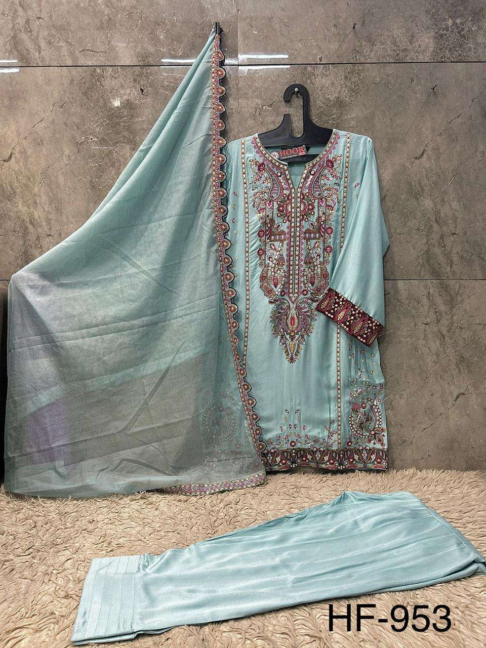 Hoor Tex HF-953 Rayon Satin Embroidered Pakistani Suit Set