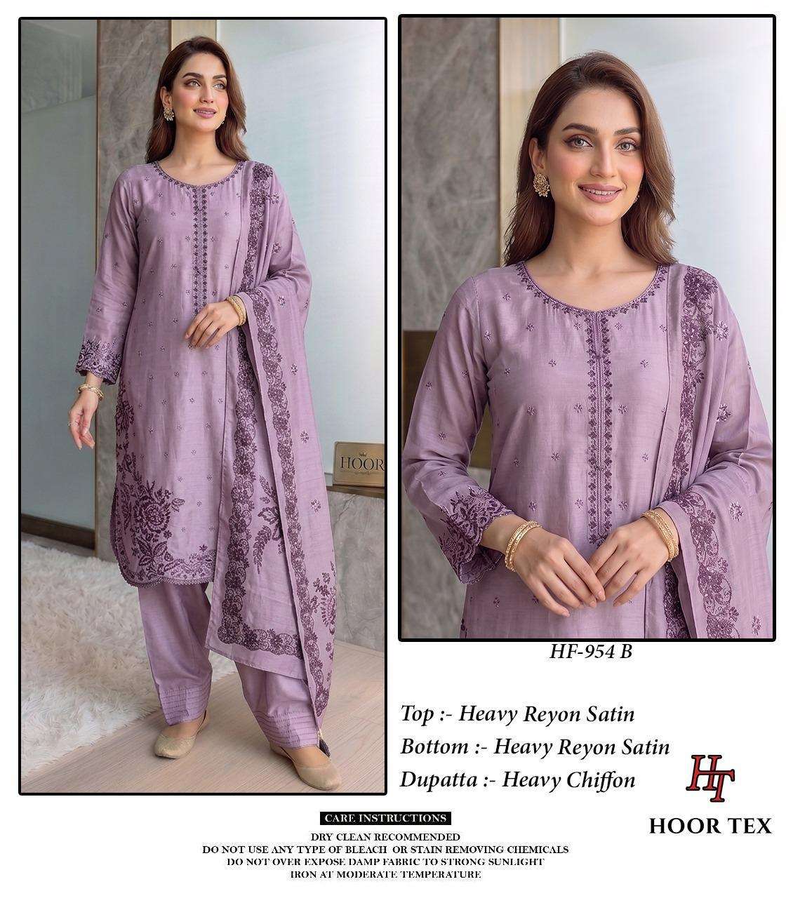 HOOR TEX HF-954 Rayon Satin Embroidered Stitched Pakistani Suit