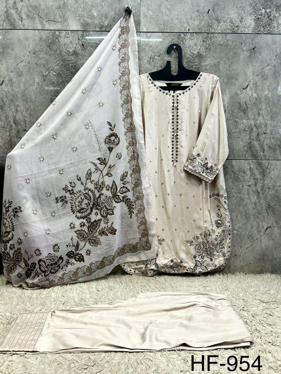 HOOR TEX HF-954 Rayon Satin Embroidered Stitched Pakistani Suit