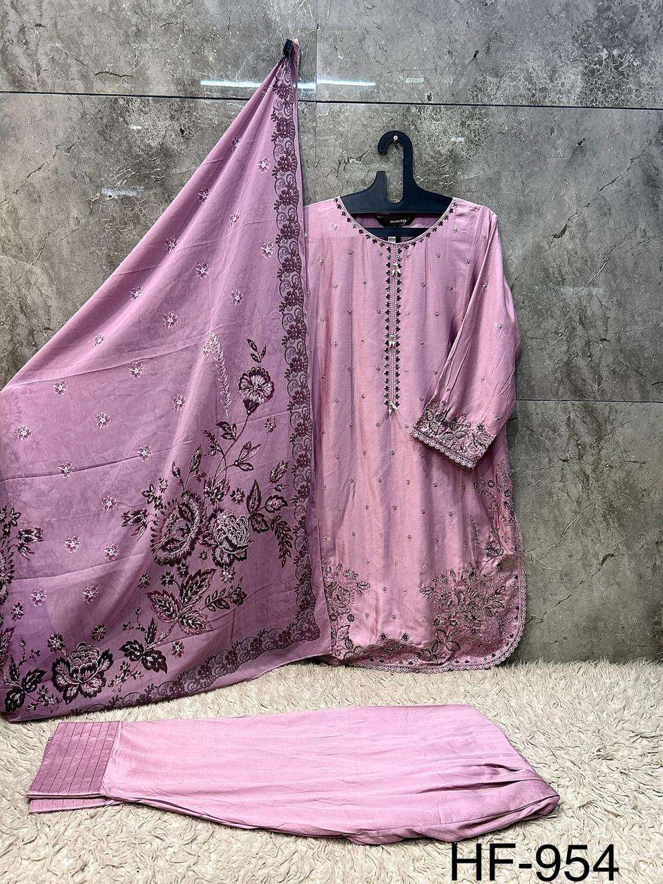 HOOR TEX HF-954 Rayon Satin Embroidered Stitched Pakistani Suit