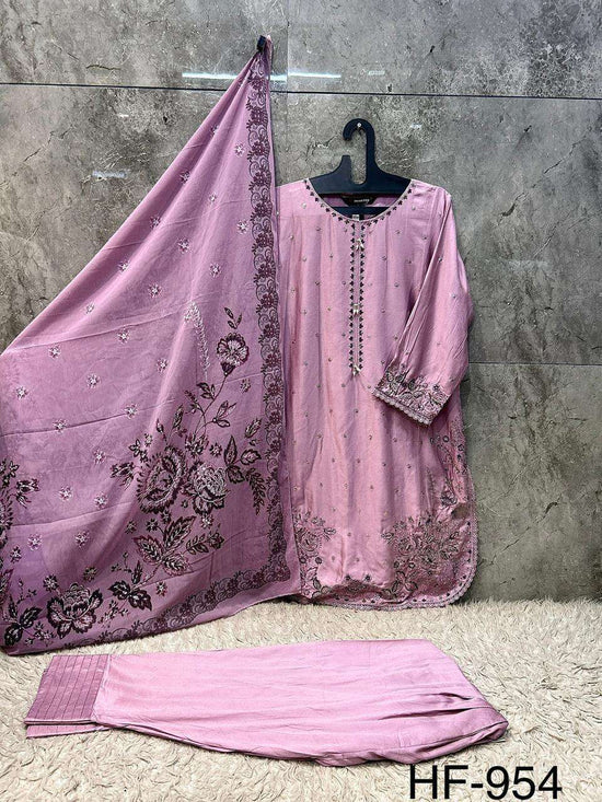 HOOR TEX HF-954 Rayon Satin Embroidered Stitched Pakistani Suit