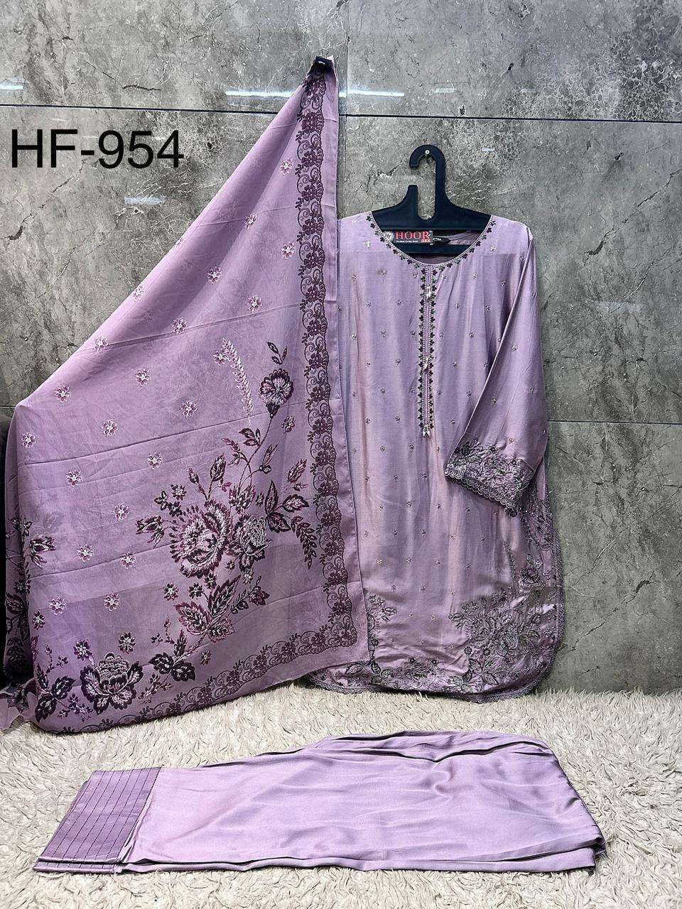 HOOR TEX HF-954 Rayon Satin Embroidered Stitched Pakistani Suit