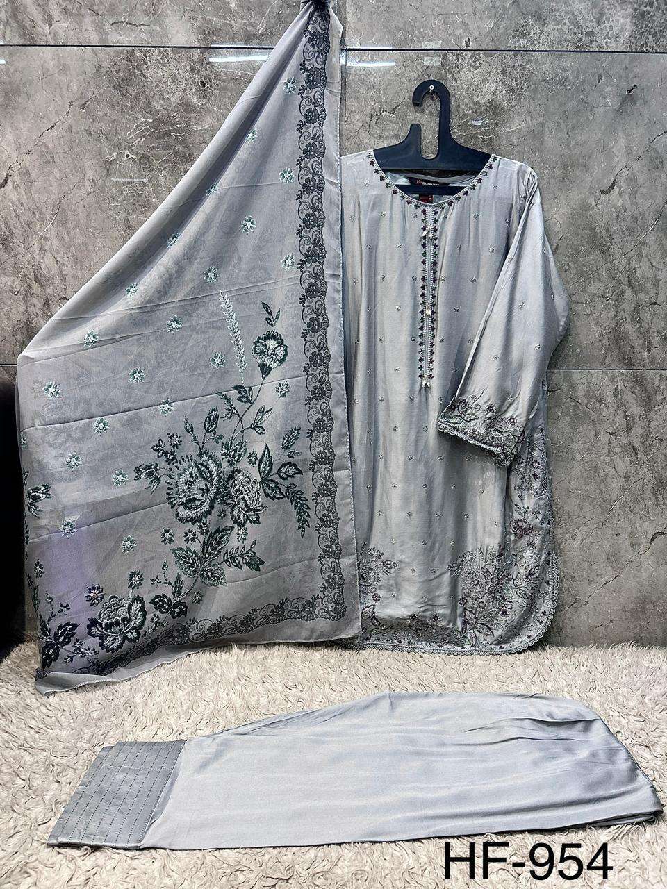 HOOR TEX HF-954 Rayon Satin Embroidered Stitched Pakistani Suit