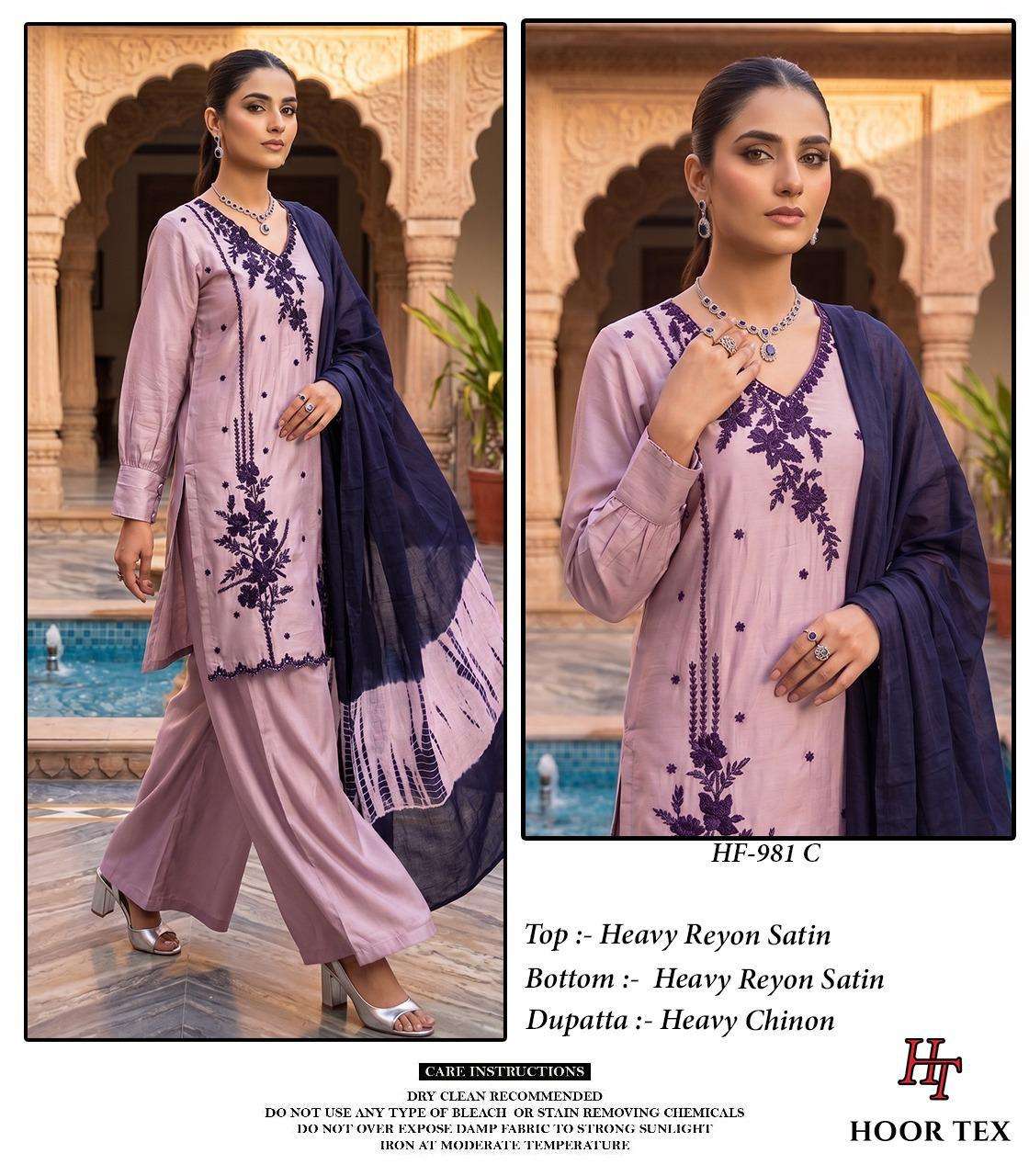 Hoor Tex HF-981 Rayon Satin Embroidered Stitched Salwar Suit Set