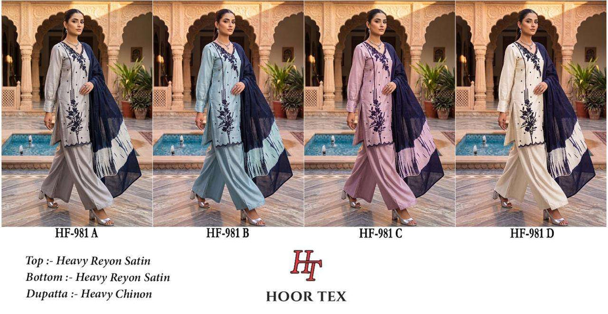 Hoor Tex HF-981 Rayon Satin Embroidered Stitched Salwar Suit Set