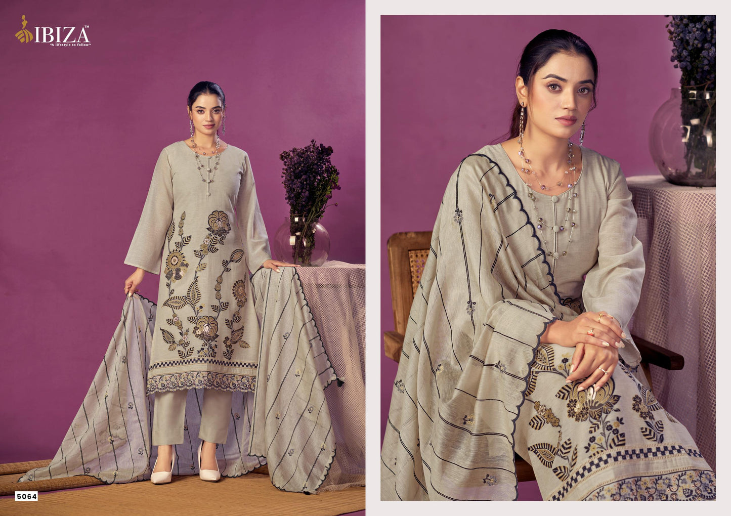 Ibiza Awesome Linen Jacquard Embroidered Dress Material