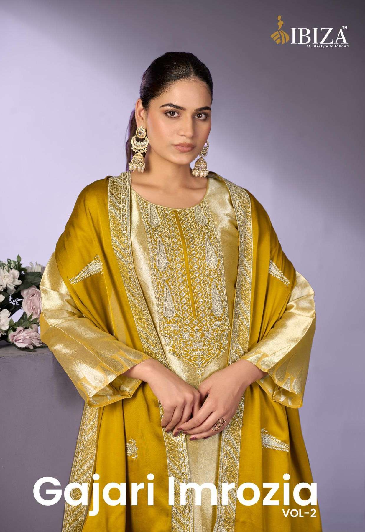 Ibiza Gajari Imrozia Vol 2 Pure Ziraf Silk Jacquard Embroidered Dress Material