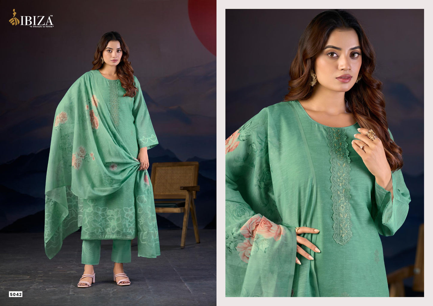 Ibiza Gazal Linen Jacquard Digital Printed Dress Material