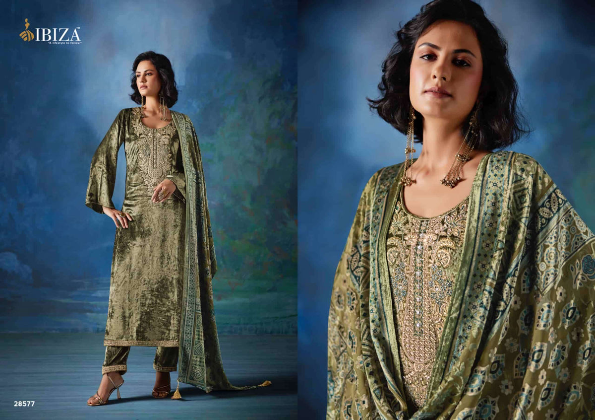 Ibiza Mizuki Pure Viscose Velvet Beadwork Embroidery Dress Material