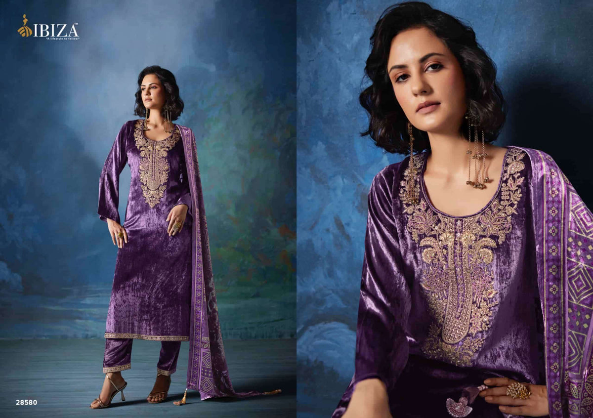 Ibiza Mizuki Pure Viscose Velvet Beadwork Embroidery Dress Material