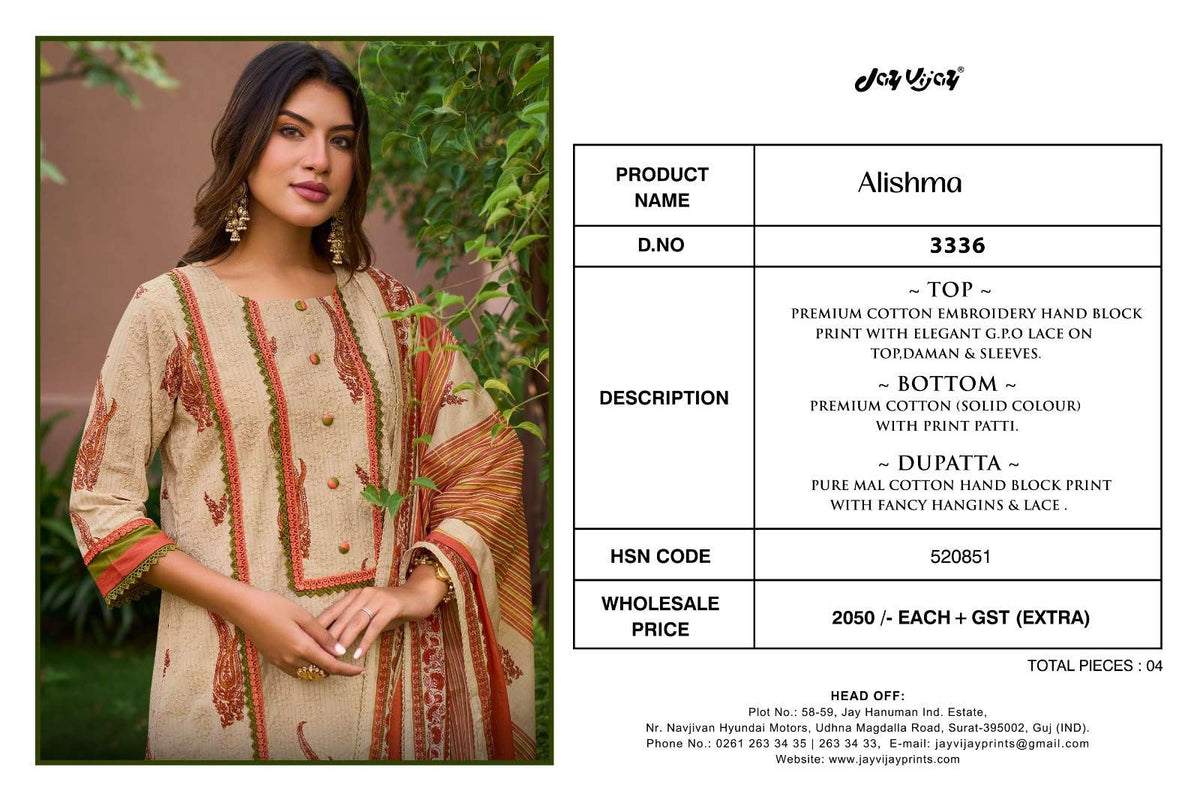 Jay Vijay Alishma 3336 Premium Cotton Embroidered Dress Material - Amrah Wholesale