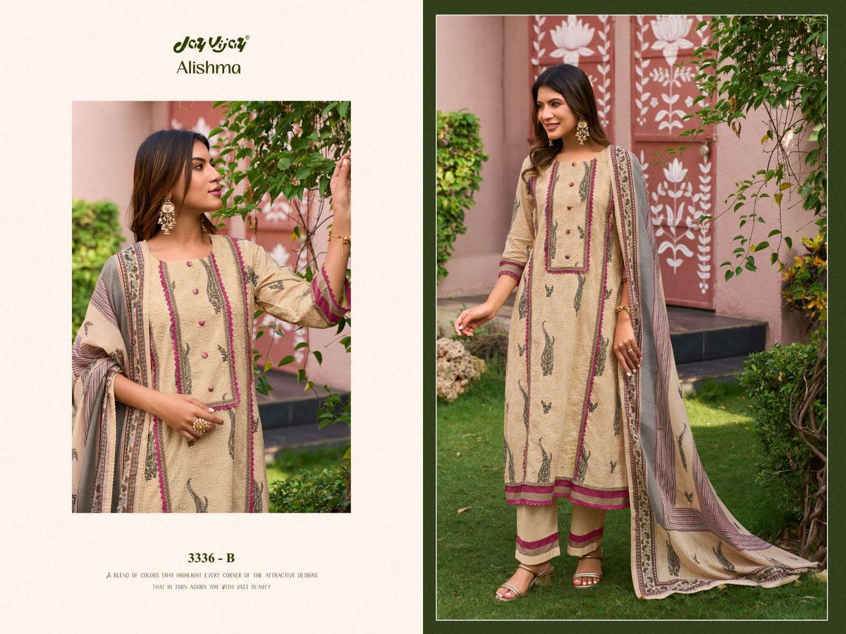Jay Vijay Alishma 3336 Premium Cotton Embroidered Dress Material - Amrah Wholesale