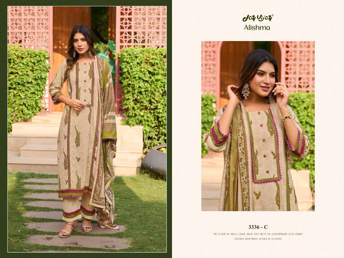 Jay Vijay Alishma 3336 Premium Cotton Embroidered Dress Material - Amrah Wholesale