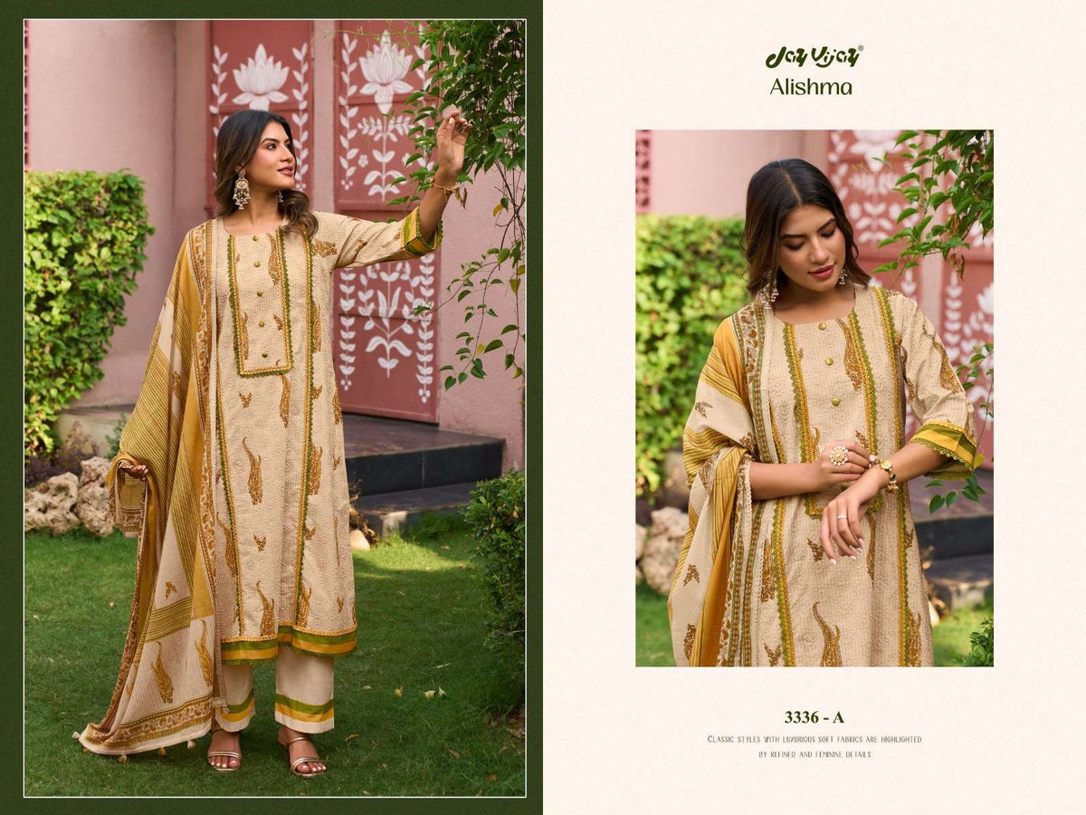 Jay Vijay Alishma 3336 Premium Cotton Embroidered Dress Material - Amrah Wholesale