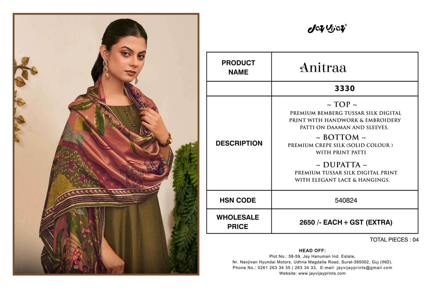 Jay Vijay Anitraa 3330 Bemberg Tussar Silk Dress Material