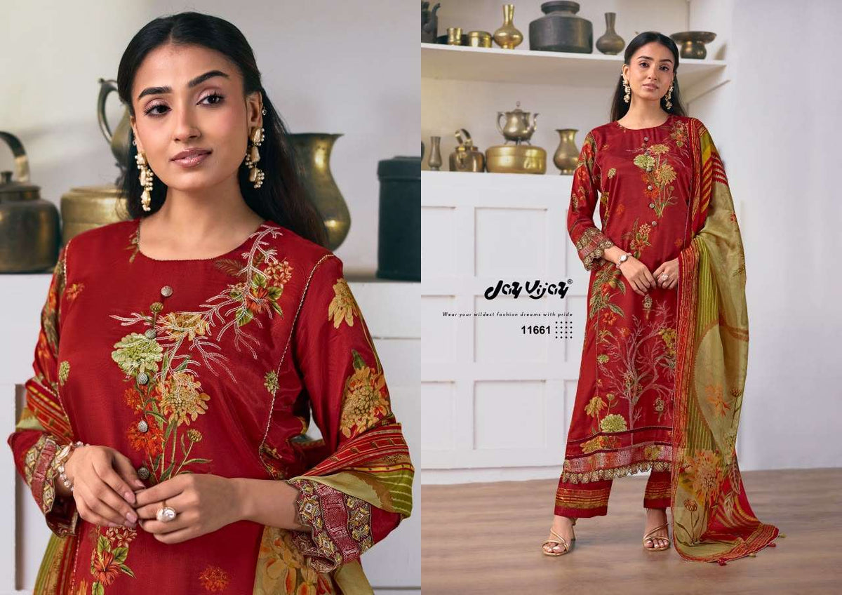 Jay Vijay Arundhati Pure Bemberg Silk Digital Print Embroidered Unstitched Suit