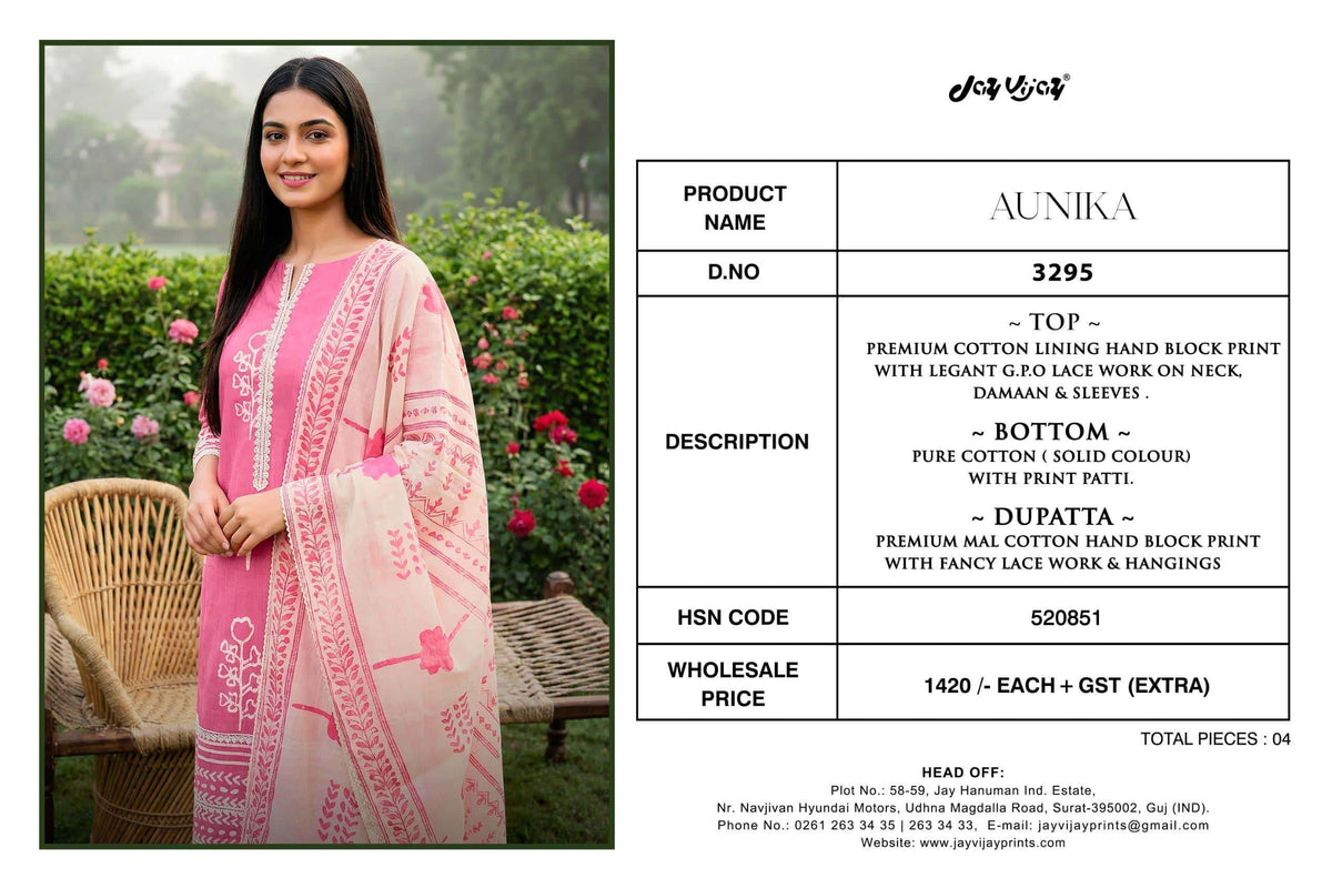 Jay Vijay Aunika 3294 Cotton Hand Block Printed Dress Material - Amrah Wholesale