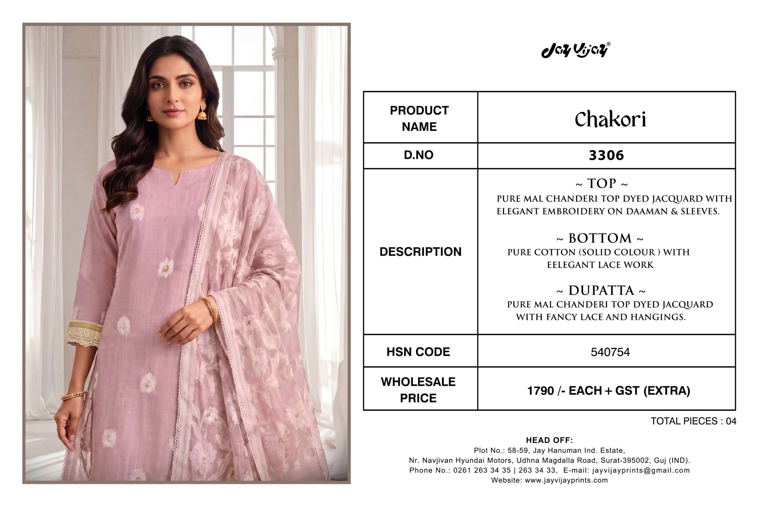 Jay Vijay Chakori 3306 Pure Mal Chanderi Embroidered Dress Material