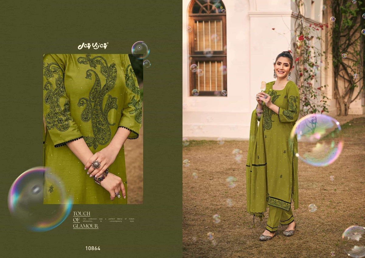Jay Vijay Dorika Premium Malai Chanderi Embroidered Dress Material - Amrah Wholesale