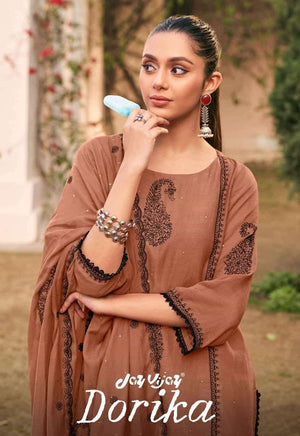 Jay Vijay Dorika Premium Malai Chanderi Embroidered Dress Material - Amrah Wholesale