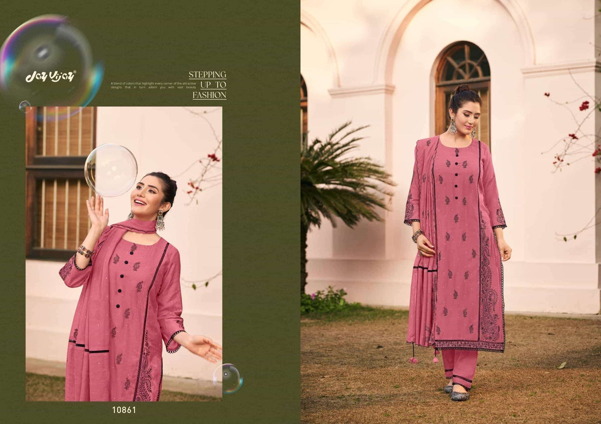 Jay Vijay Dorika Premium Malai Chanderi Embroidered Dress Material - Amrah Wholesale