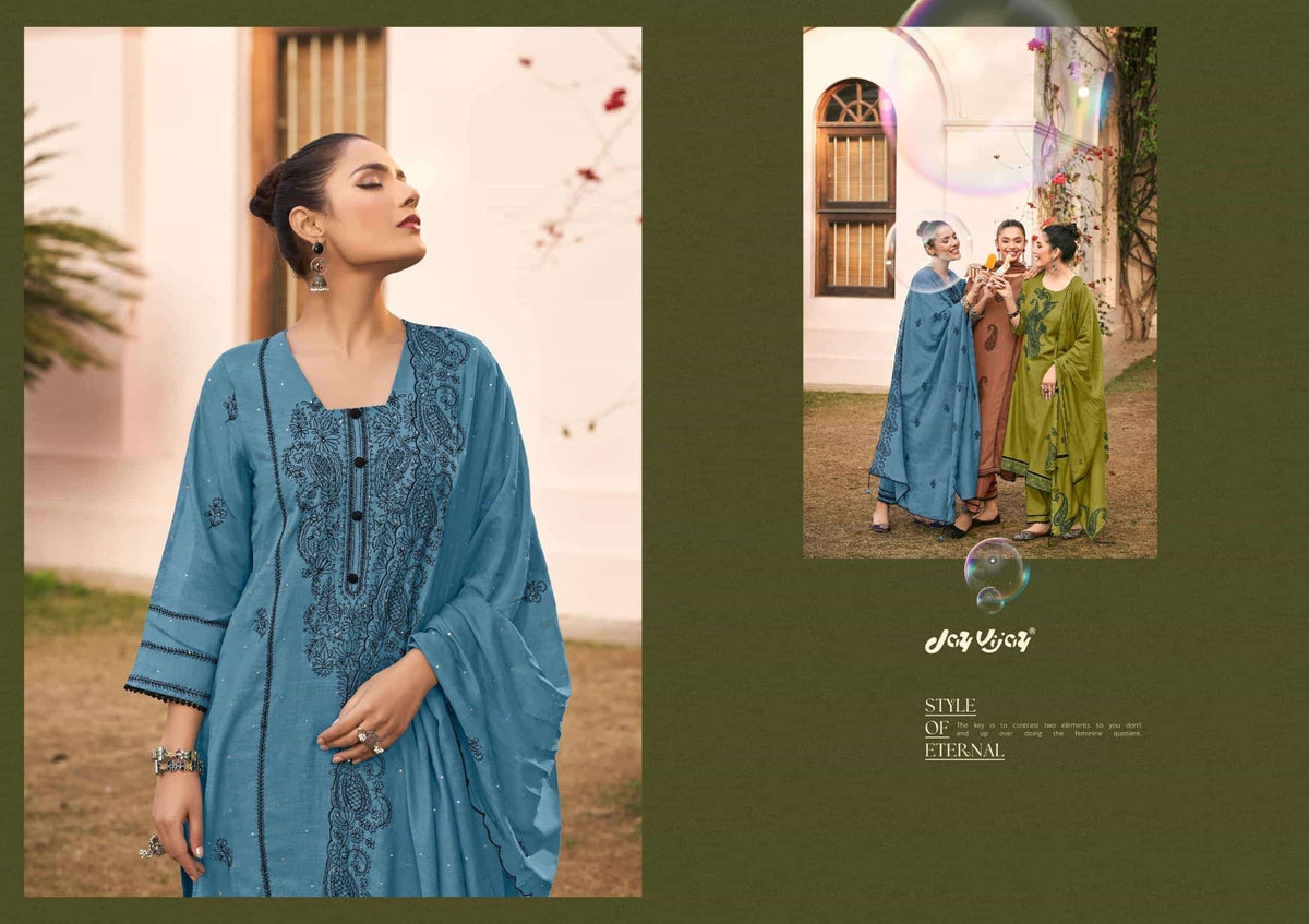Jay Vijay Dorika Premium Malai Chanderi Embroidered Dress Material - Amrah Wholesale