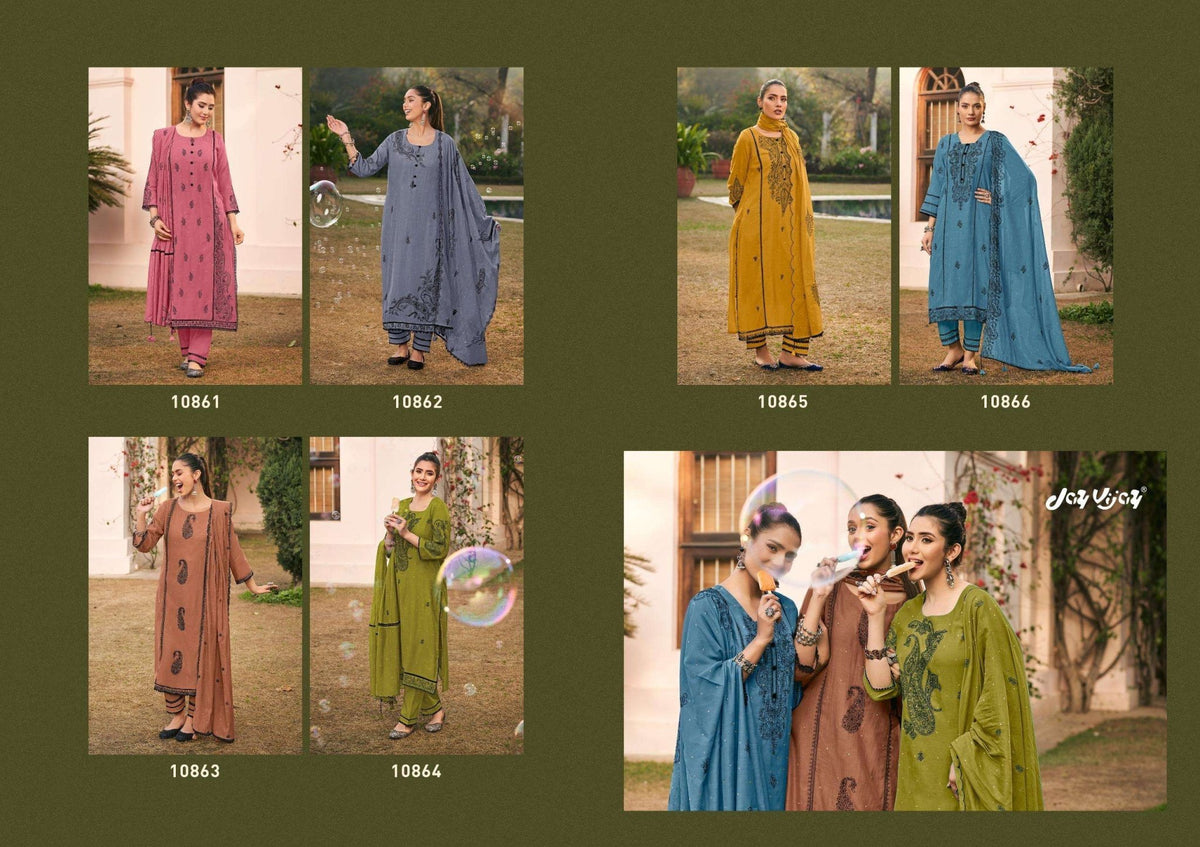 Jay Vijay Dorika Premium Malai Chanderi Embroidered Dress Material - Amrah Wholesale